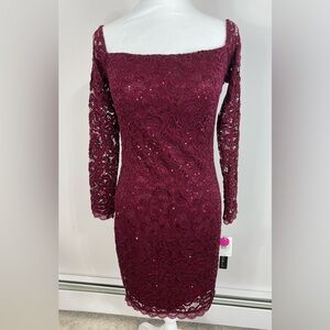 My Michelle burgundy lace sequined off shoulder dress size 7 New With Tags